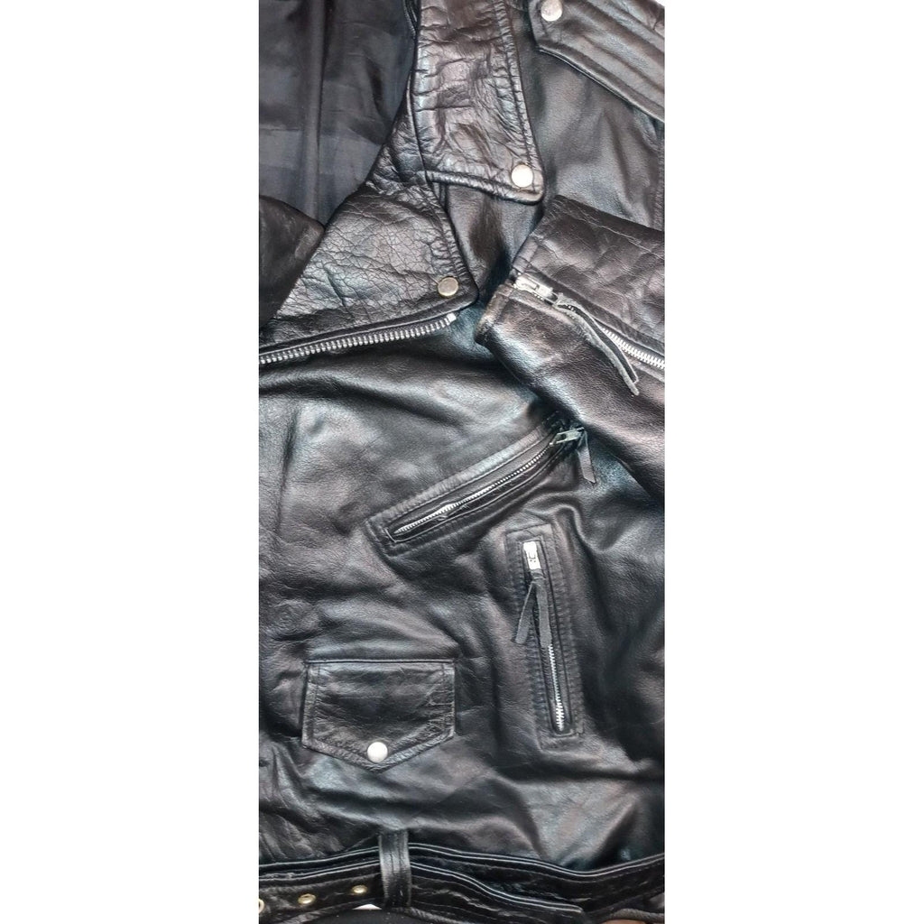 Vintage Men's Black Genuine Leather Motorcycle Jacket Belted MADE IN USA