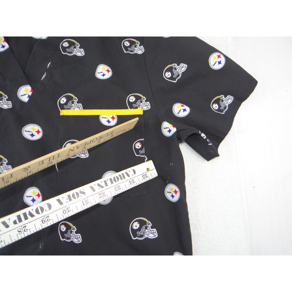 NFL Team Apparel Pittsburgh Steelers Scrub Top Womens Black V-Neck Logo Print L