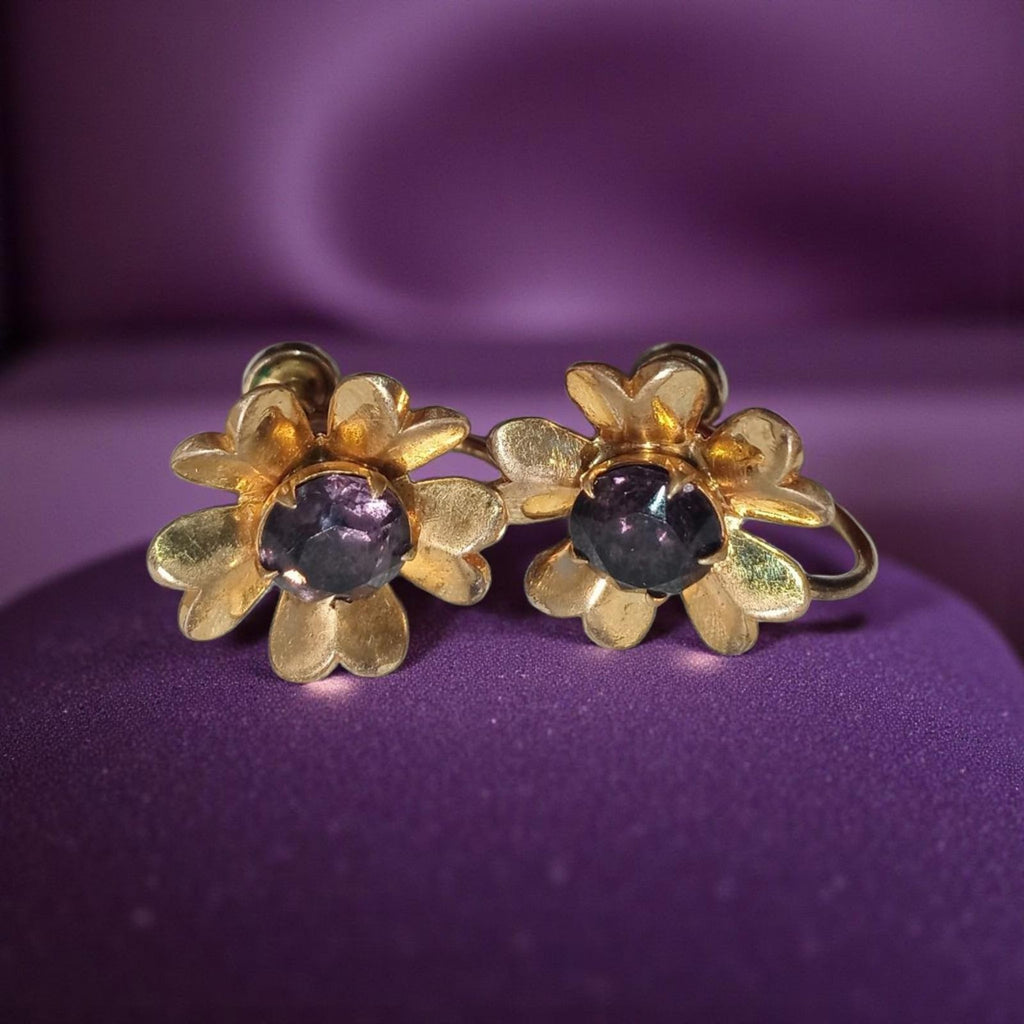 Vintage Gold Flower Shaped Earrings with Purple Gemstone Center