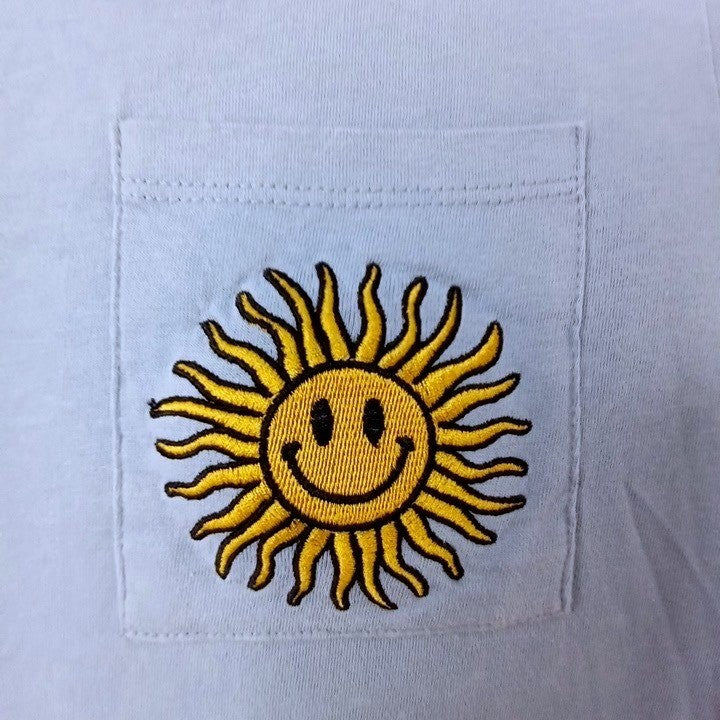 Coastal Dreamer Smiley Sun Pocket Graphic T Shirt Blue Size Small Short Crop