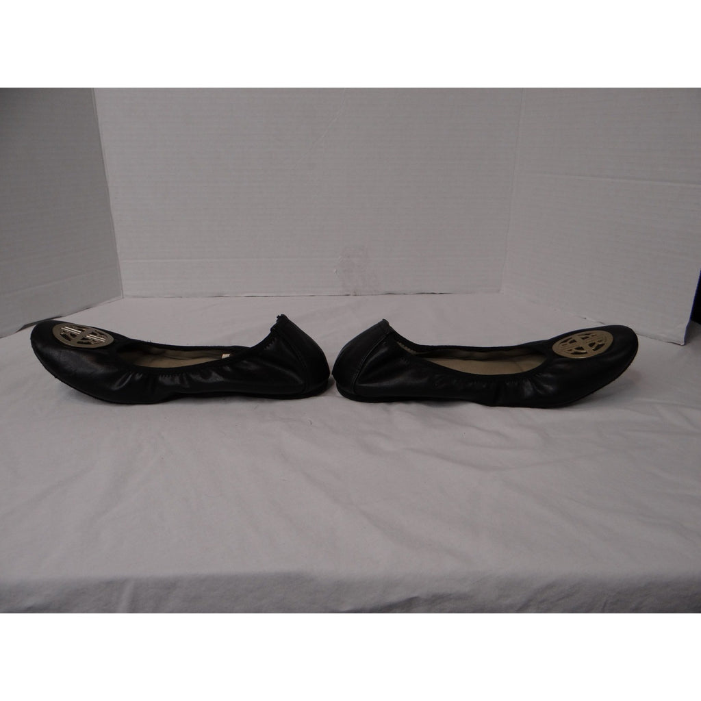 Rialto Black Leather Ballet Flats with Gold Logo Accent Women's Size 6.5