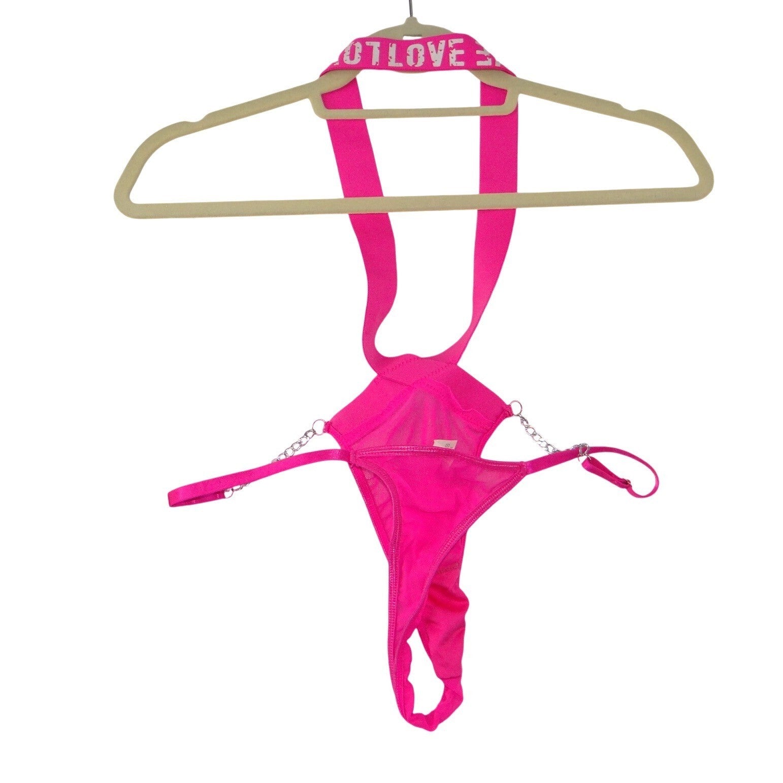 Hot Pink Mesh LOVE Graphic Halter Bodysuit with Chain Detail Large