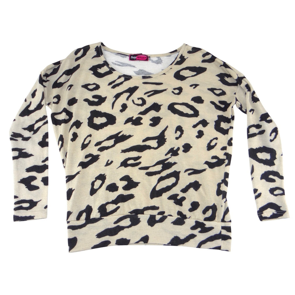 Say What? Womens Tan Black Leopard Animal Print Scoop Neck Knit Sweater