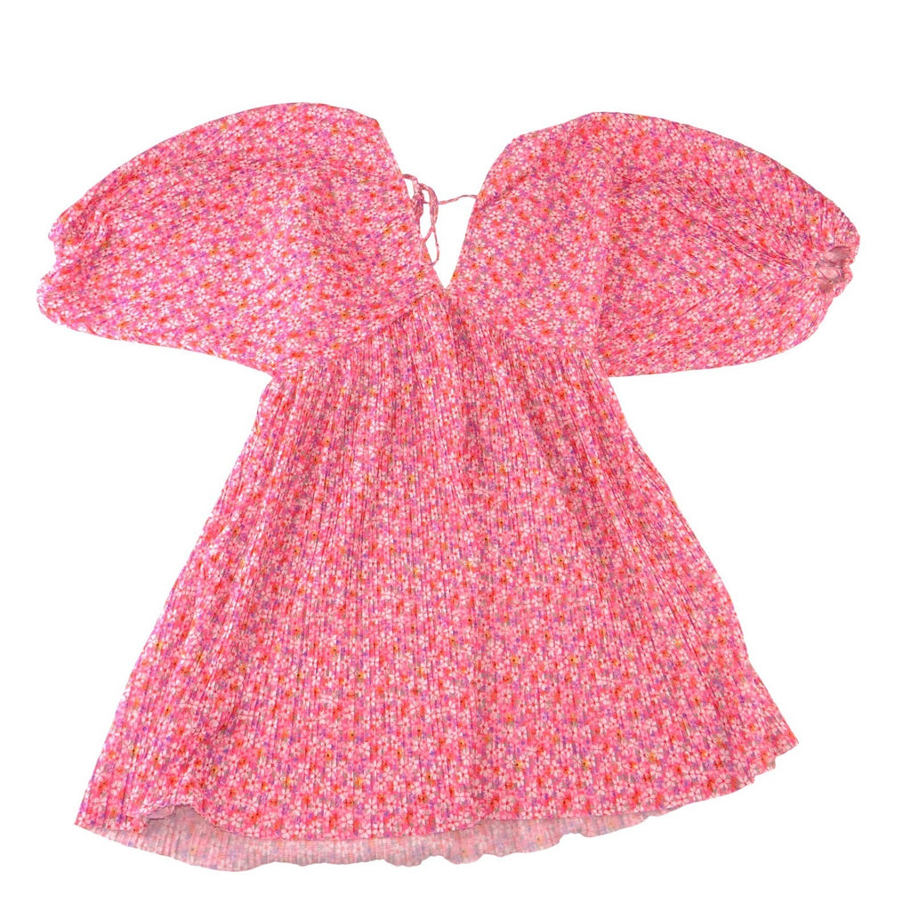 Zara Pink Floral Pleated Puff Sleeve Mini Dress V-Neck Tie Back Small