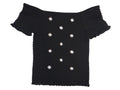 Y2K Crave Fame Black Off-Shoulder Smocked Top with White Floral Embroidery XL
