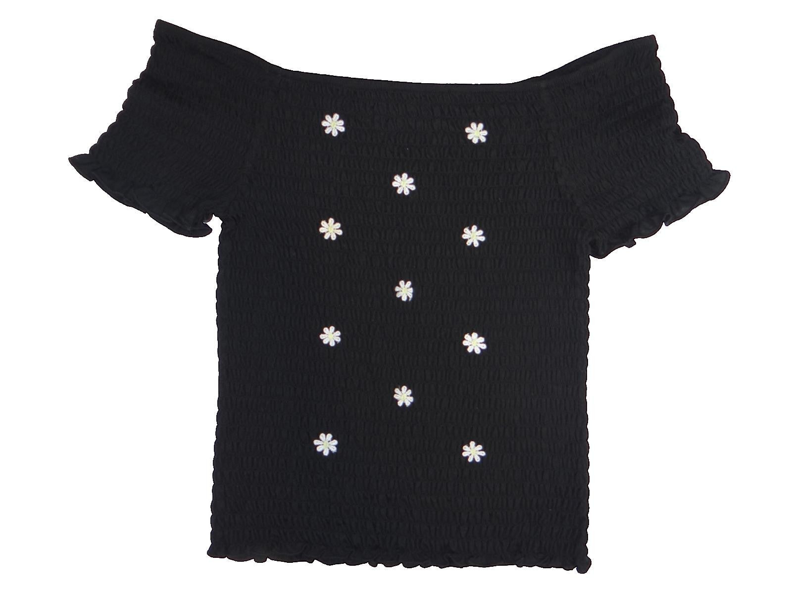 Y2K Crave Fame Black Off-Shoulder Smocked Top with White Floral Embroidery XL