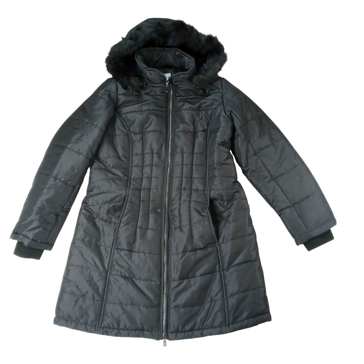 NWT Vintage Womens Black Quilted Long Coat Removable Hood Faux Fur Trim Medium
