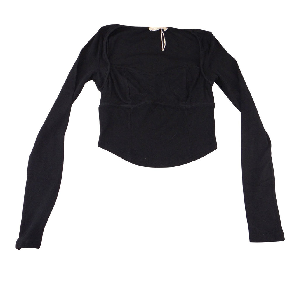 Darong Black Ribbed Bustier Long Sleeve Crop Top Sweetheart Neck S