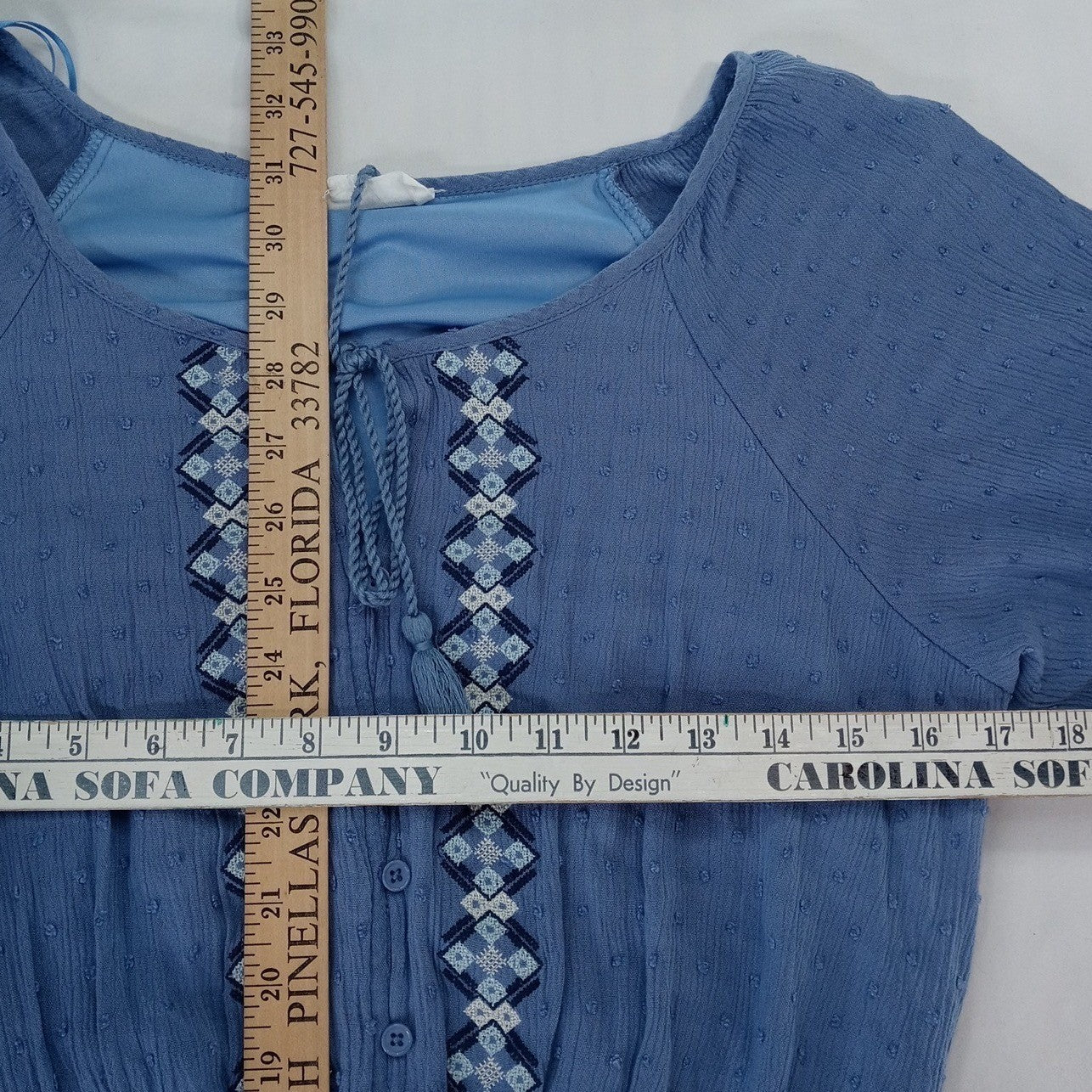Lucky Brand Blue Textured Embroidered Tassel Tie Neck Dress - Youth Size XL