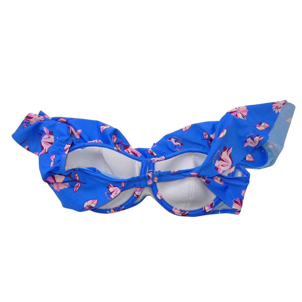 Womens Blue Floral Ruffle Off the Shoulder Underwire Bikini Top Large