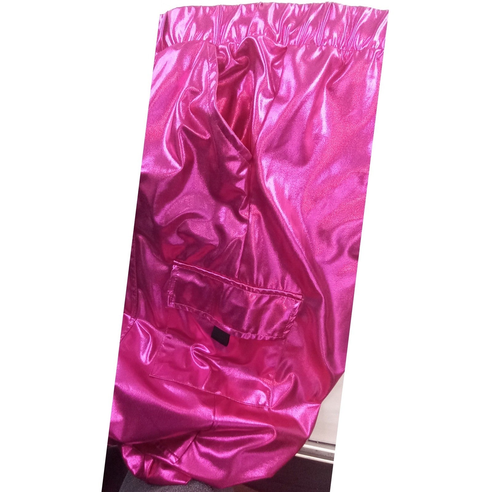 Womens Shiny Pink Cargo Joggers Metallic Shiny Pants Festival Rave