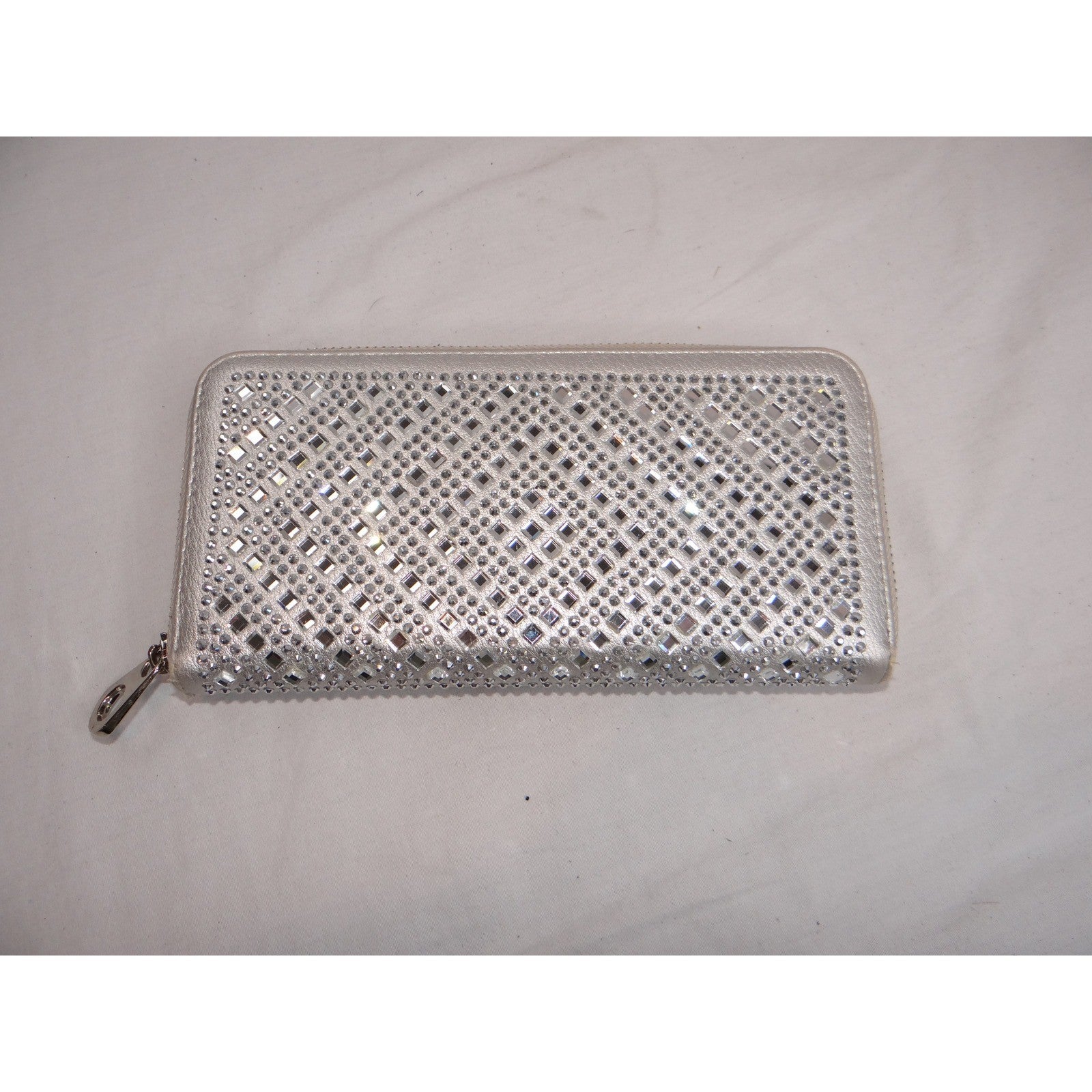Sparkling Silver Rhinestone Zip Around Wallet Clutch for Women