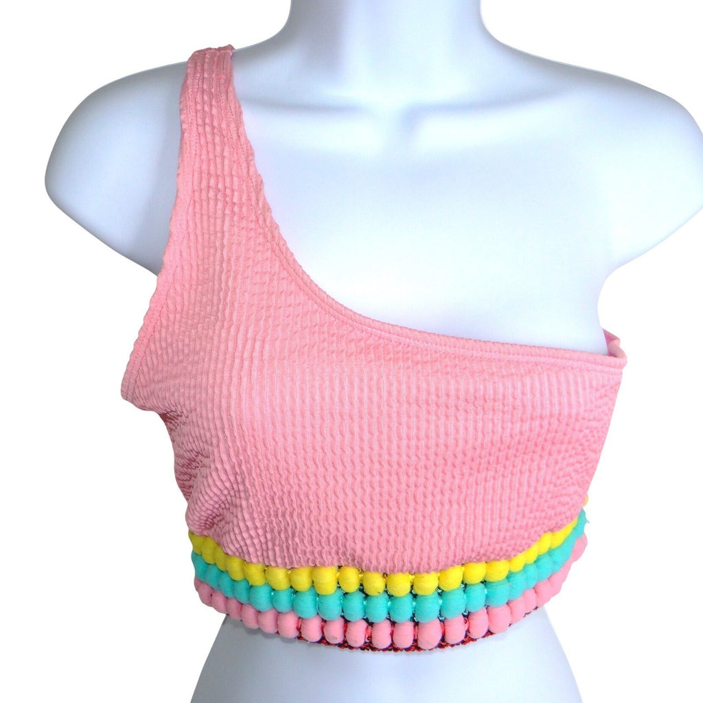 Pink Smocked One Shoulder Pom Pom Bikini Set Medium Seersucker 2 Piece Swimsuit