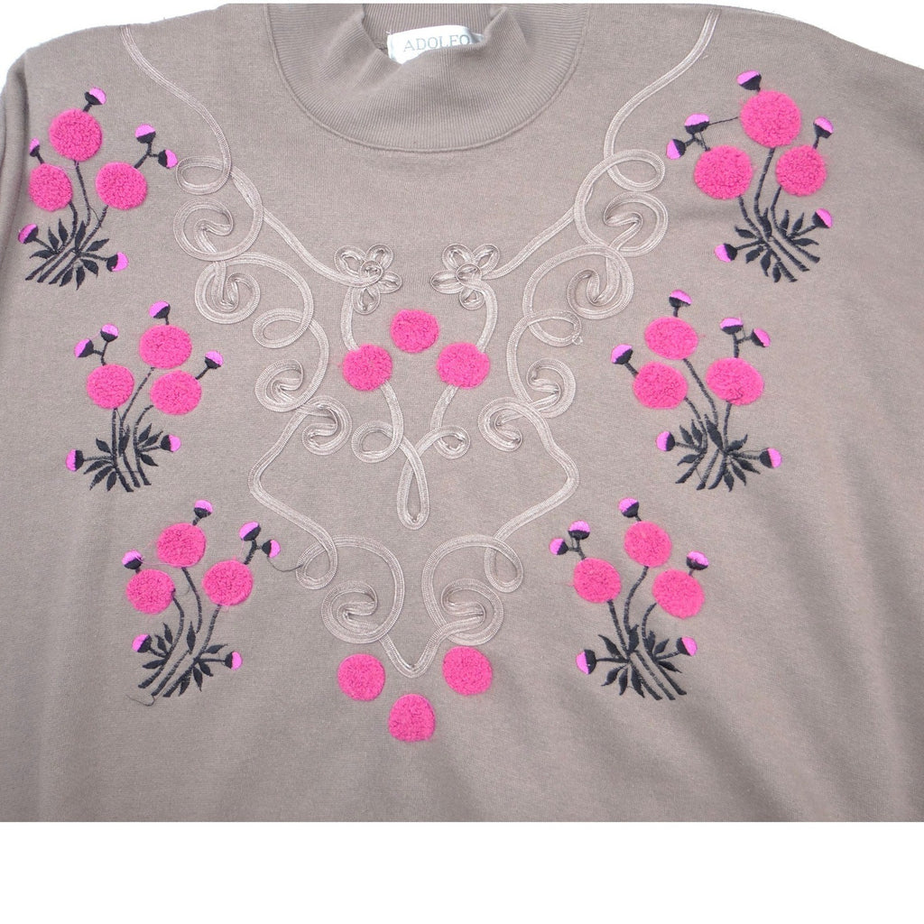 Adolfo Sport Vintage Mock Neck Sweatshirt Taupe Pink Floral Embroidered Medium
