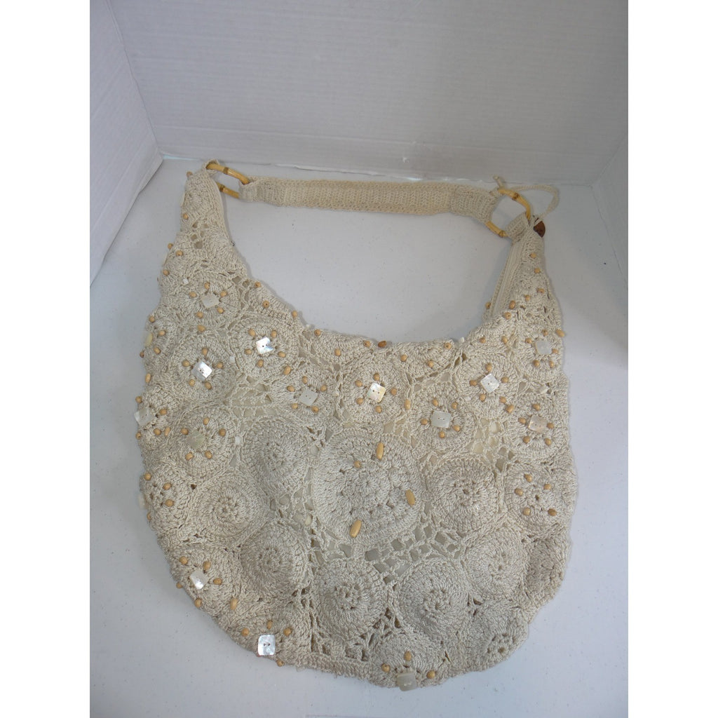 The Sak Crochet Hobo Bag Cream Floral Medallion Shell Wood Bead Boho Shoulder