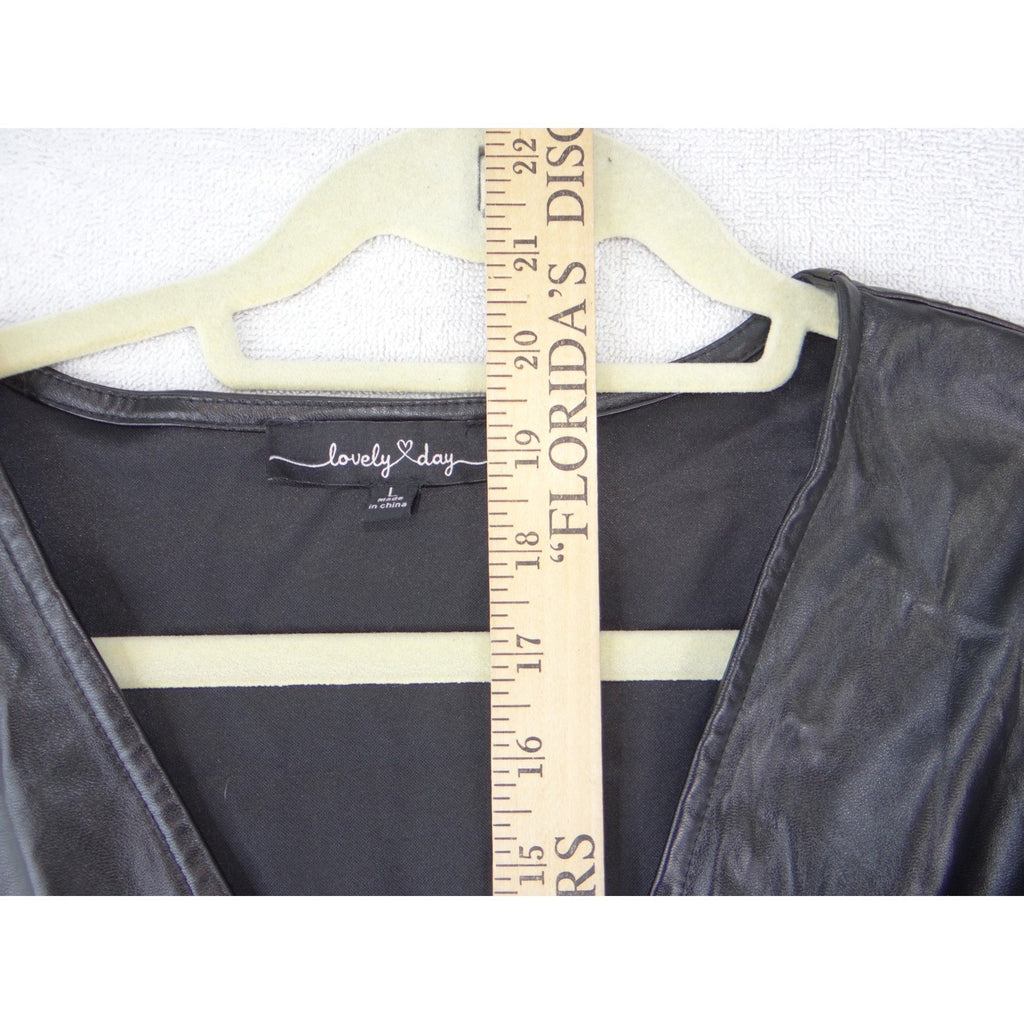 Lovely Day Black Faux Leather Wrap Peplum Top Puff Sleeve V-Neck Size L