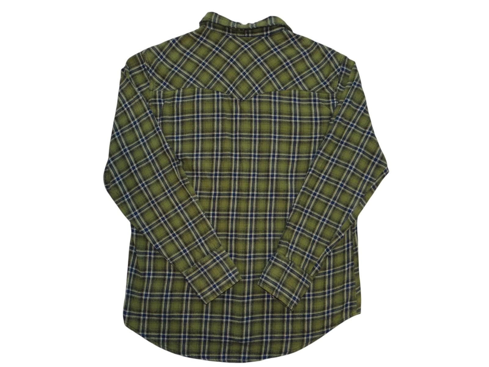 Men's Olive Green Plaid Casual Shirt with Snap Buttons