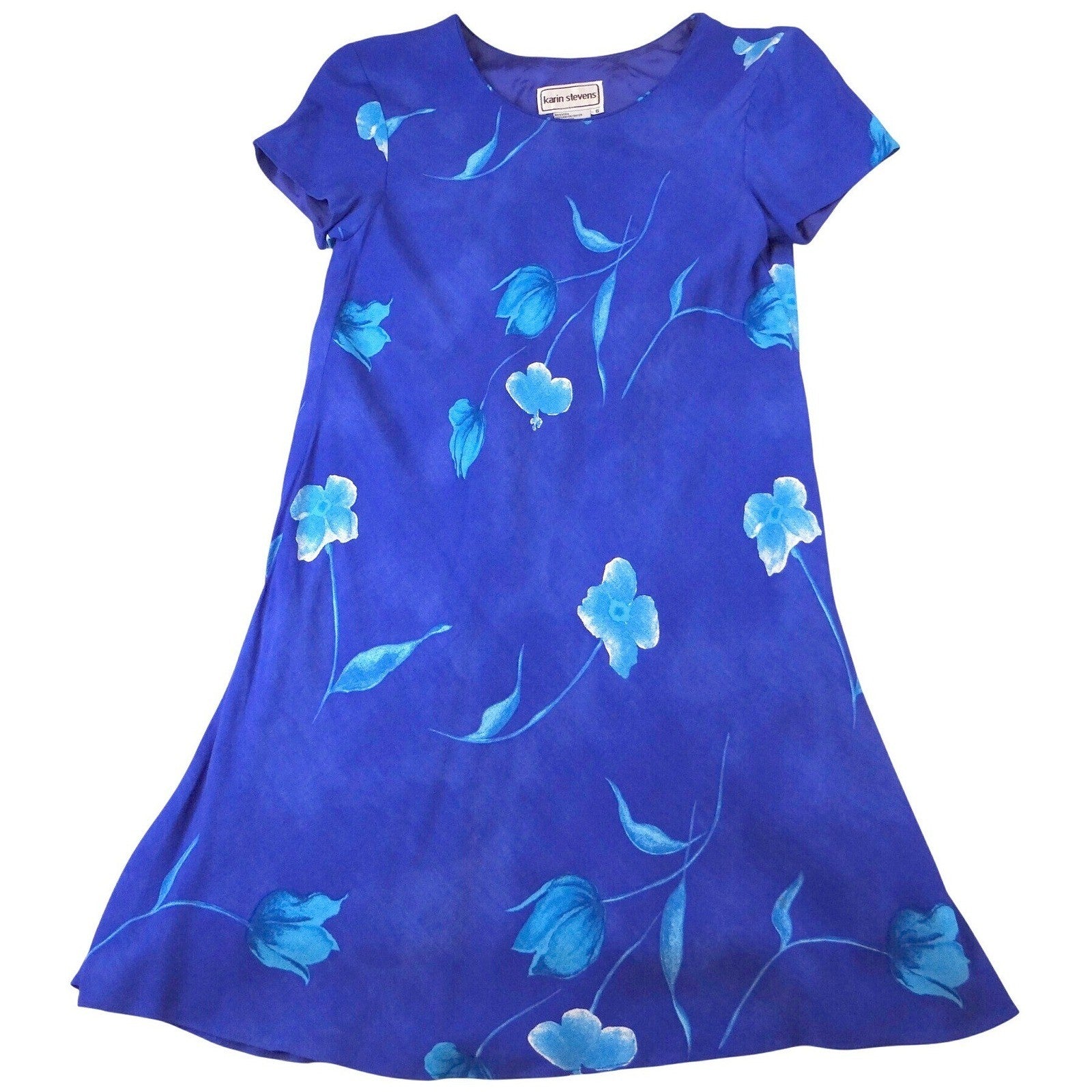 Karin Stevens Royal Blue Floral Short Sleeve Knee Length Dress Women Size 6