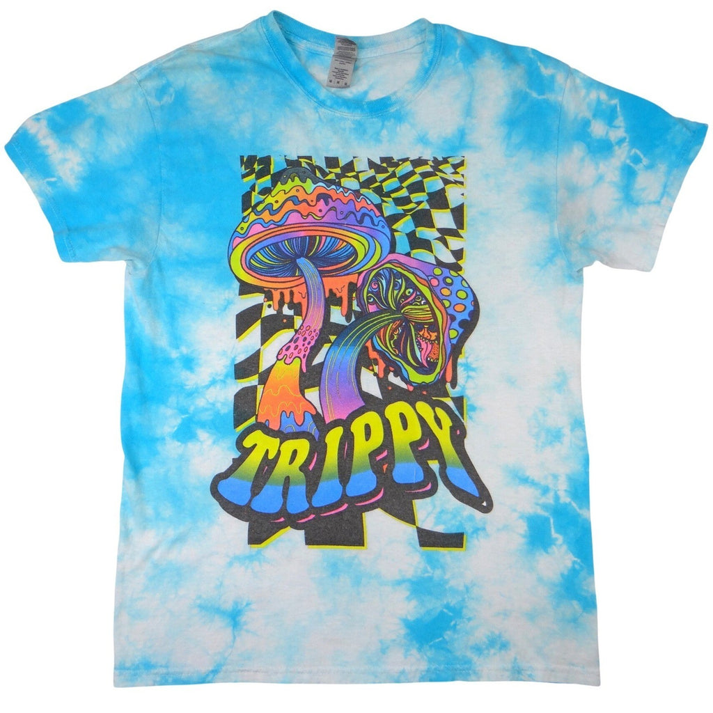 Gildan Tie Dye Mushroom Trippy Graphic Tee Shirt Blue White Size Medium