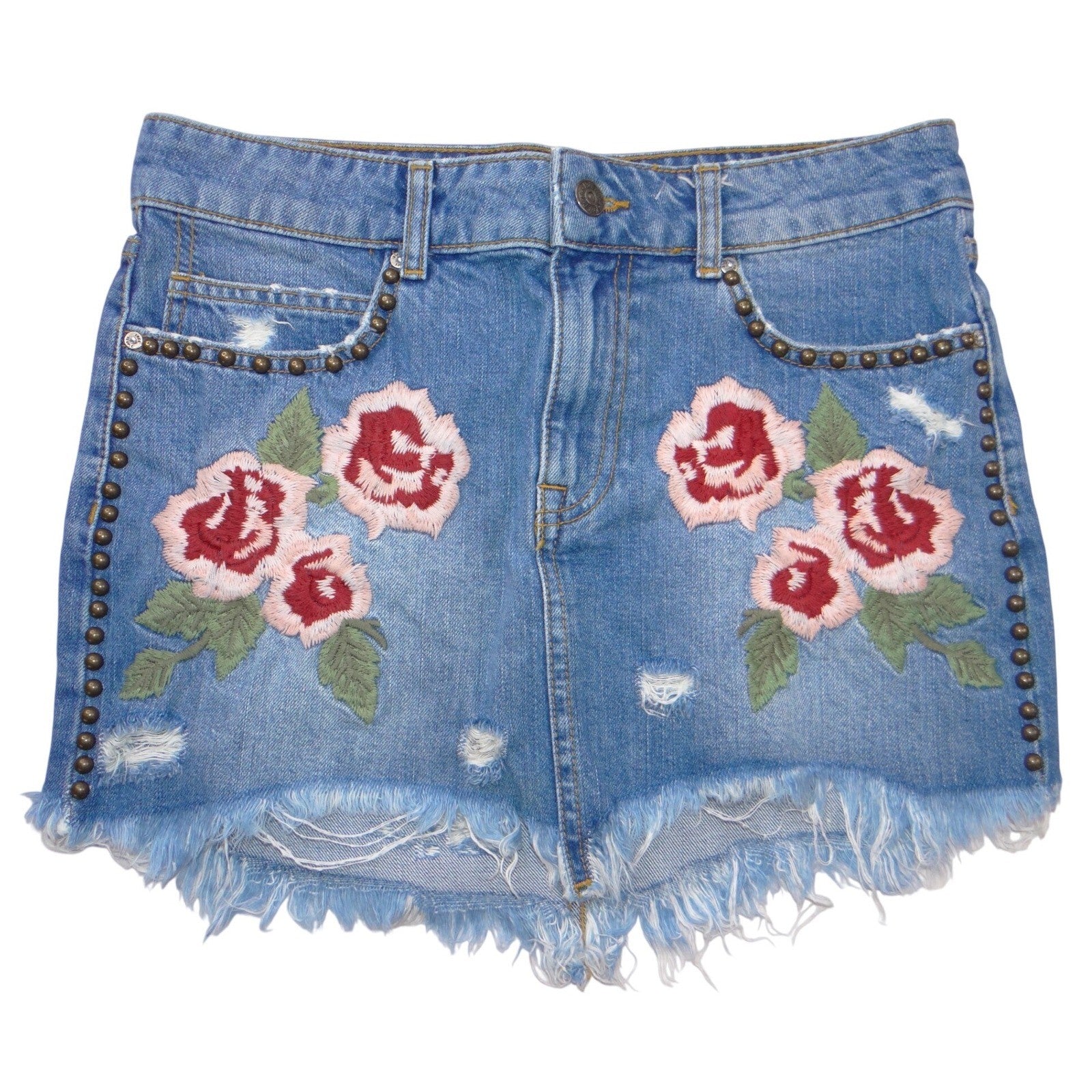 Free People Embroidered Rose Studded Distressed Denim Mini Skirt Blue Size 26