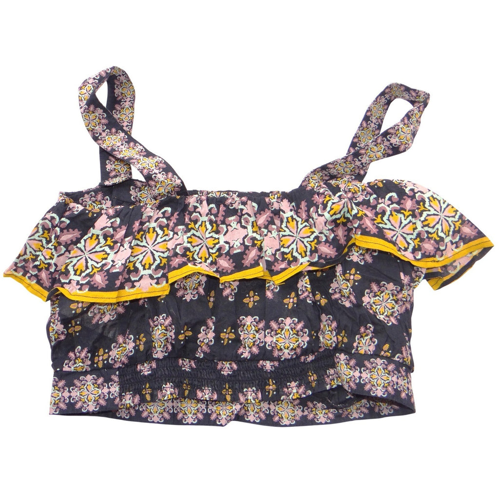 Free People Medallion Print Ruffle Crop Top Navy Pink Yellow Smocked Small