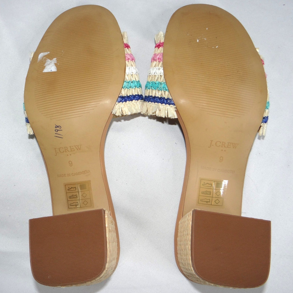 J.Crew Womens Multi Color Raffia Striped Fringed Block Heel Sandals 9