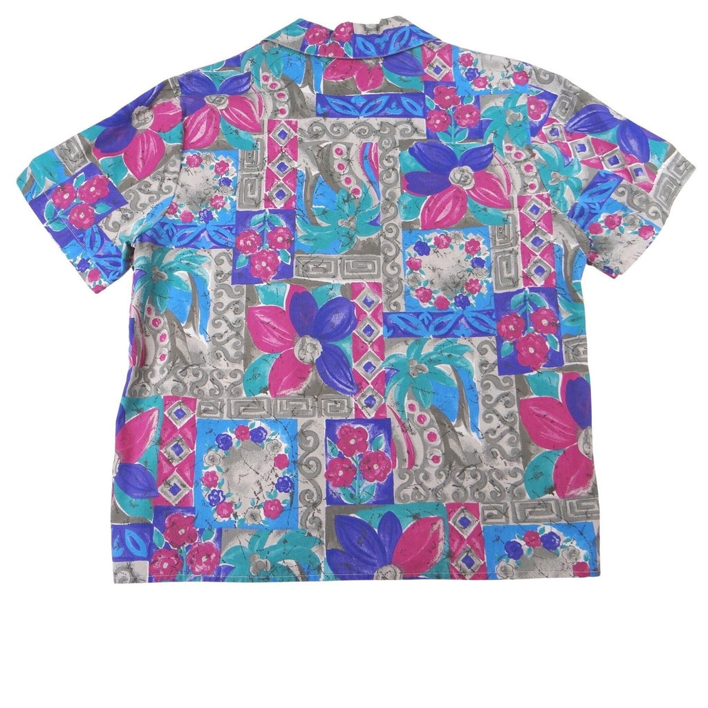 Vintage Vibrant Womens Abstract Floral Print Short Sleeve Button Up Shirt