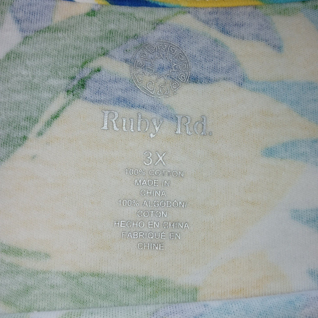 Ruby Rd Womens 3X Tropical Floral Print Short Sleeve Top Shirt Blue Yellow Green