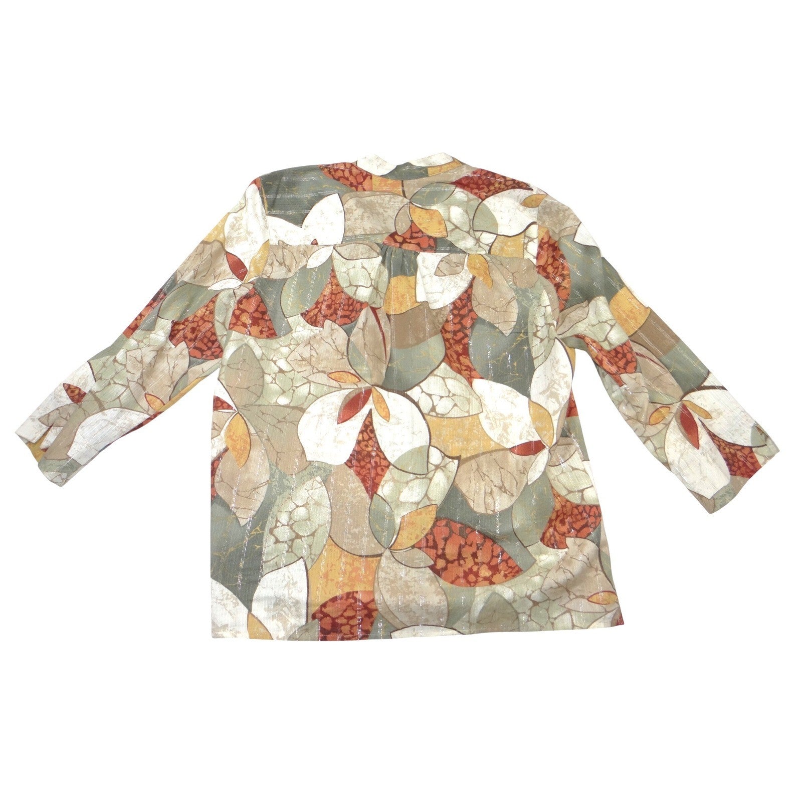 Alfred Dunner Vintage Women Sz 12 Floral Button Front Blouse Metallic Green Rust