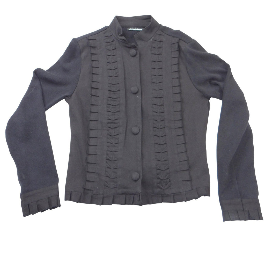 Vintage Iconic Michael Simon Women Black Ruffle Pleated Button Front Jacket Sz S