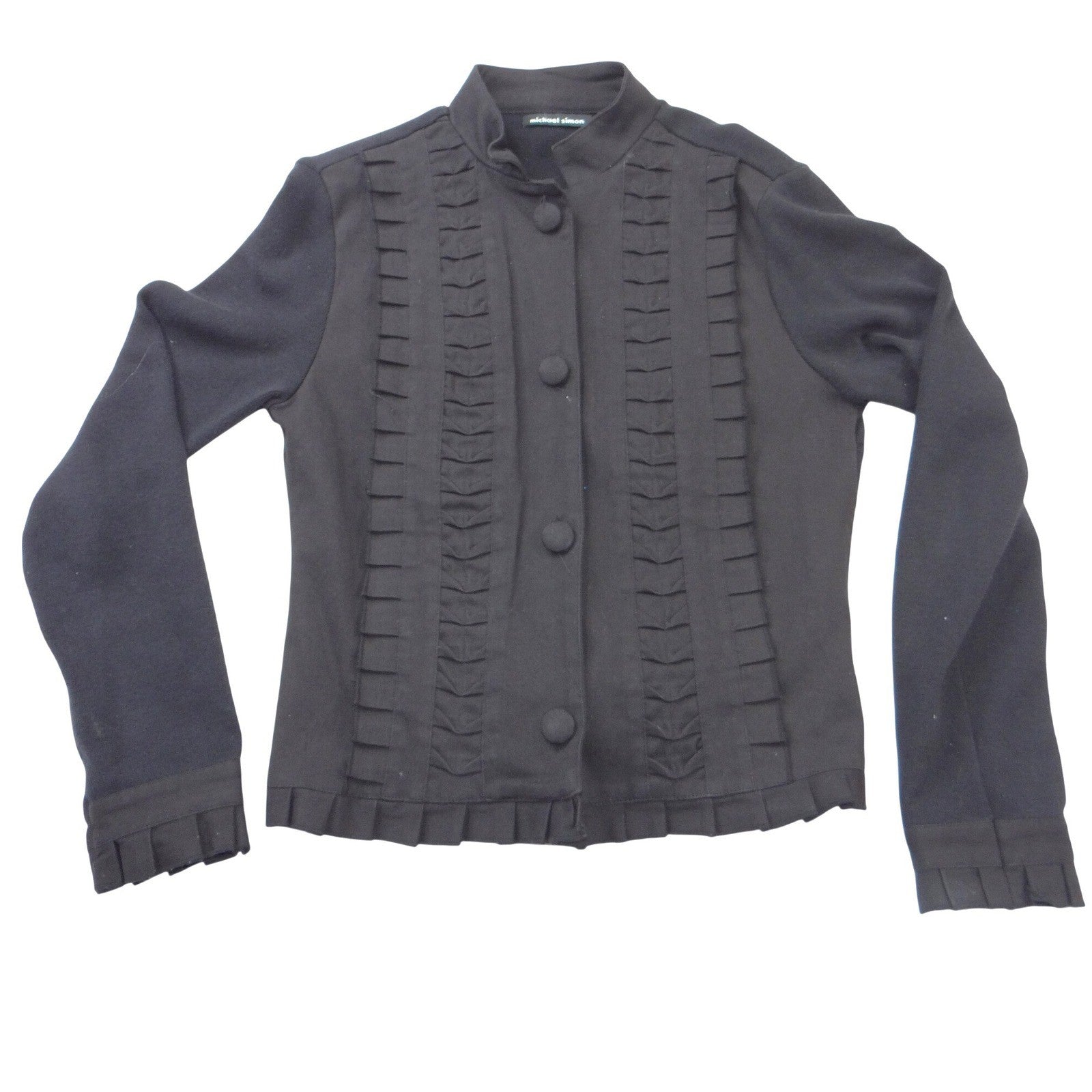 Vintage Iconic Michael Simon Women Black Ruffle Pleated Button Front Jacket Sz S