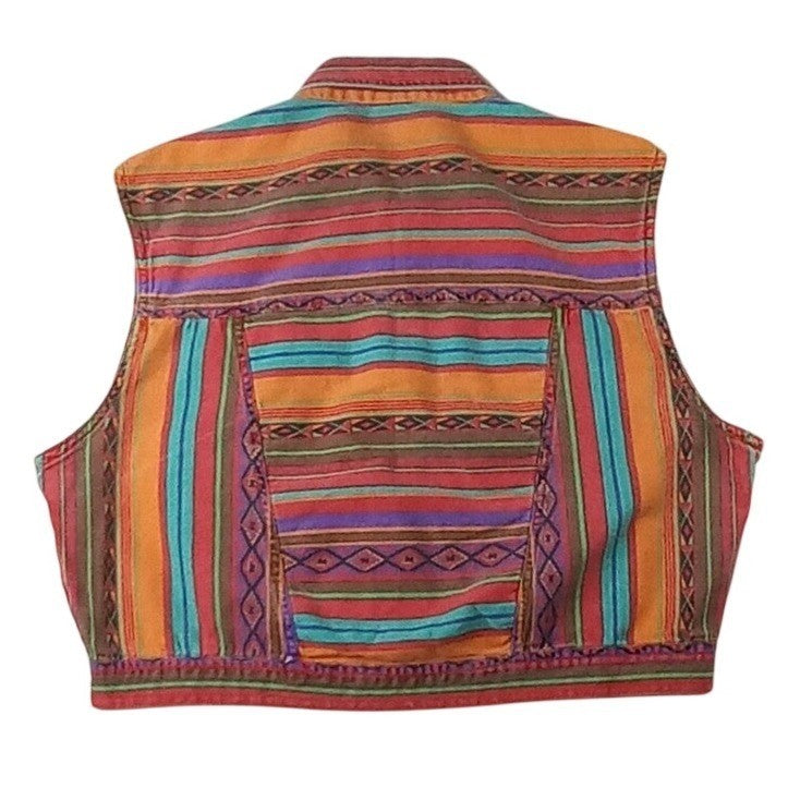 VTG Take a Break Western Aztec Print Denim Vest Women's XL Sleeveless Button Up