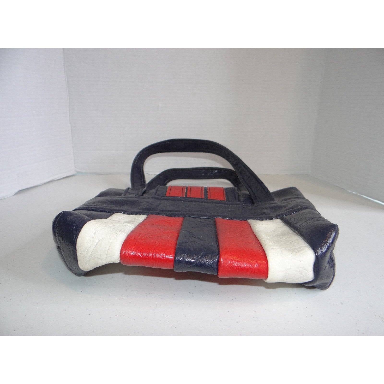 Vintage Style Tricolor Striped Shoulder Bag Navy Red White Turn Lock Tote 2745