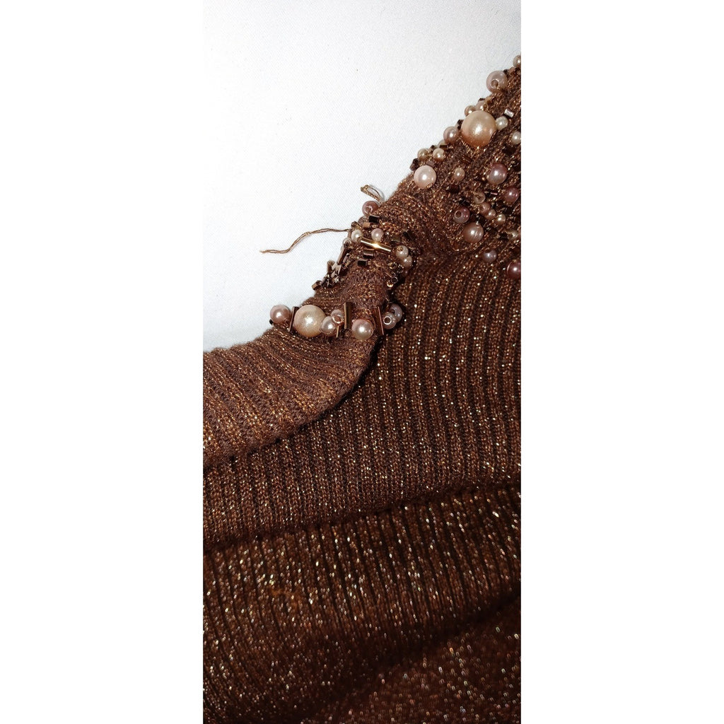 23rd Street Brown Metallic Beaded Mock Neck Long Sleeve Sweater Top Women's Med