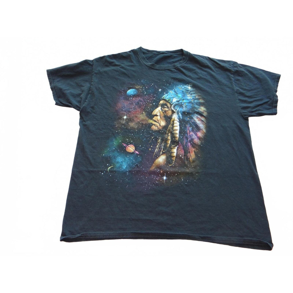 Men's Black Graphic T-Shirt with Native American and Space Design