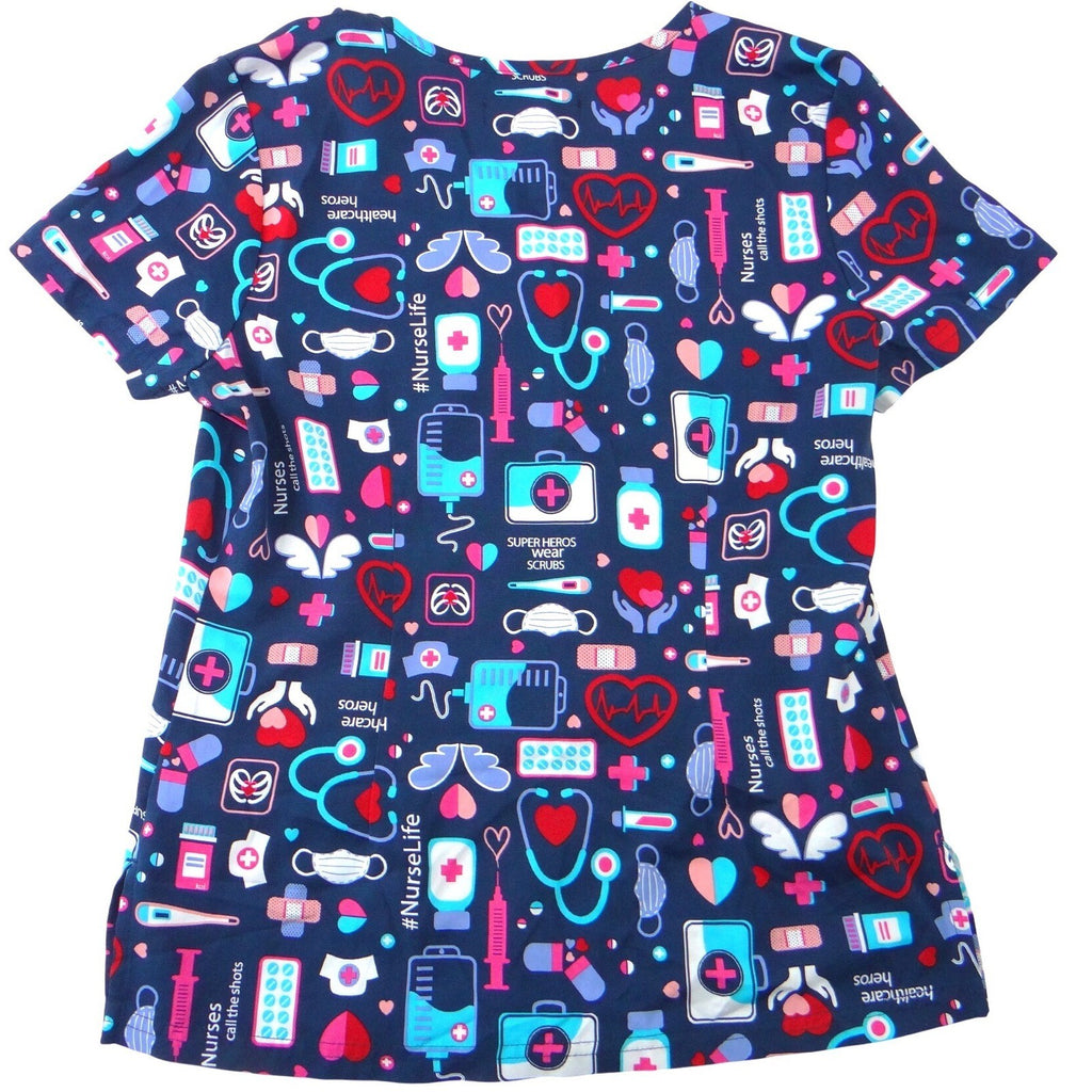 Koi Basics Womens XS Navy Blue Medical Print V-Neck Scrub Top Nurses Hero