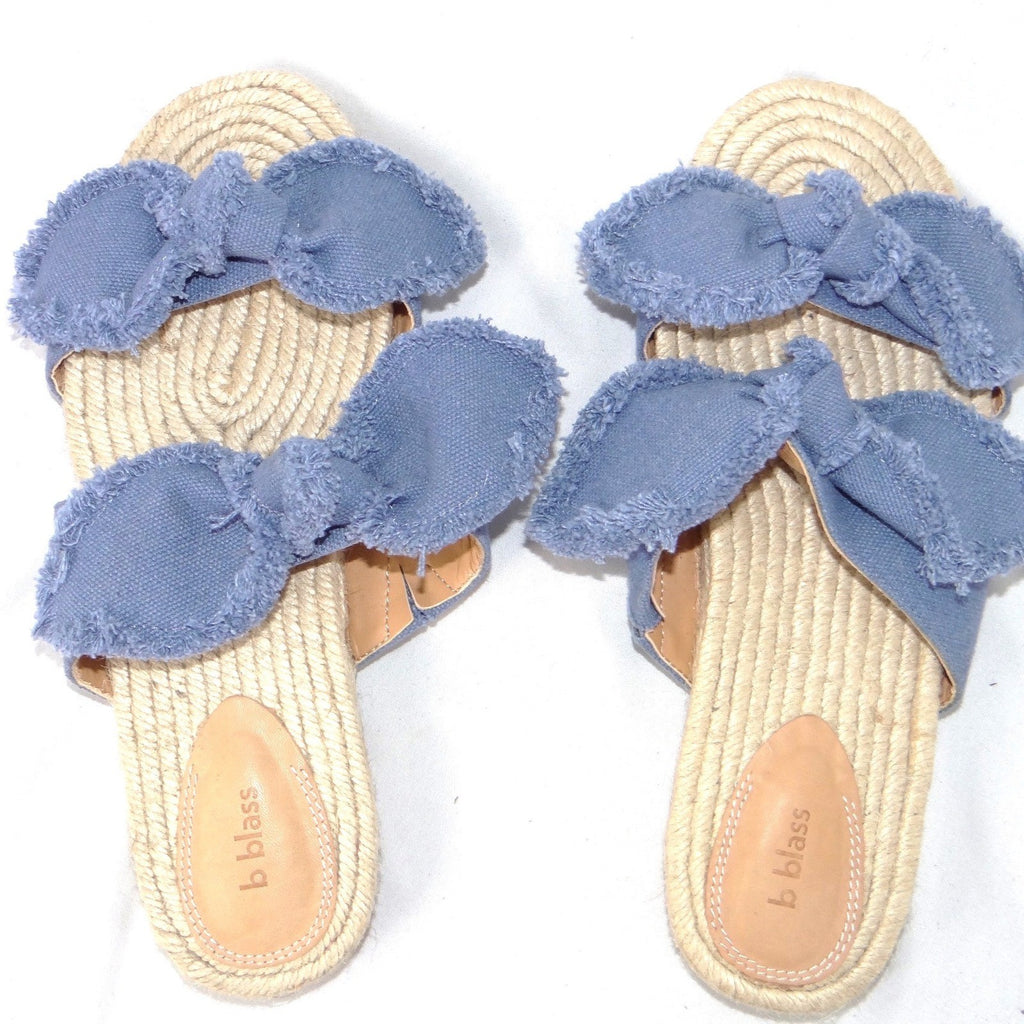 B Blass Womens Blue Frayed Bow Espadrille Slide Sandals Flat Jute Size 7.5M 38