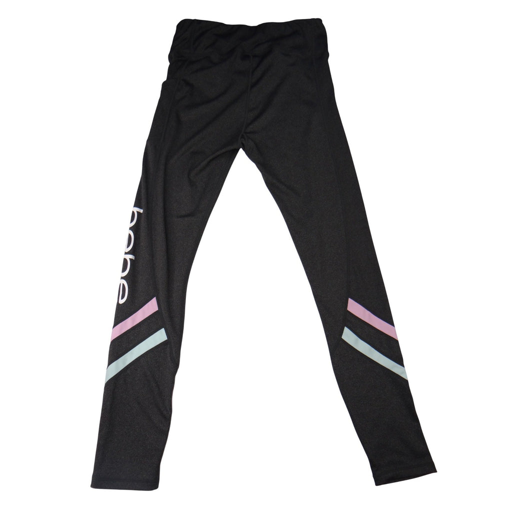 Bebe Sport Leggings Black Pink Blue Stripe Logo Athletic Activewear Size L