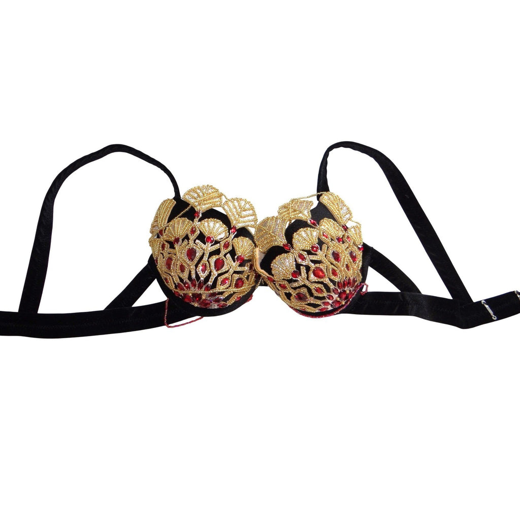 Gold Beaded Ginkgo Leaf Belly Dance Bra Top Red Gemstone Black Velvet Large
