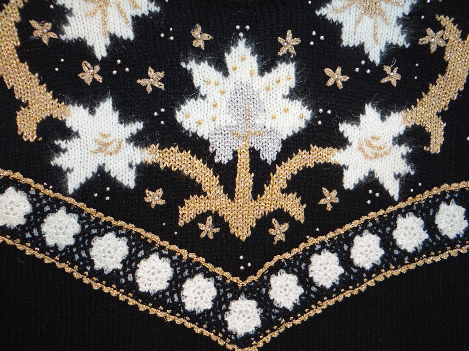 Black Women's Long Sleeve Sweater with White and Gold Floral Pattern