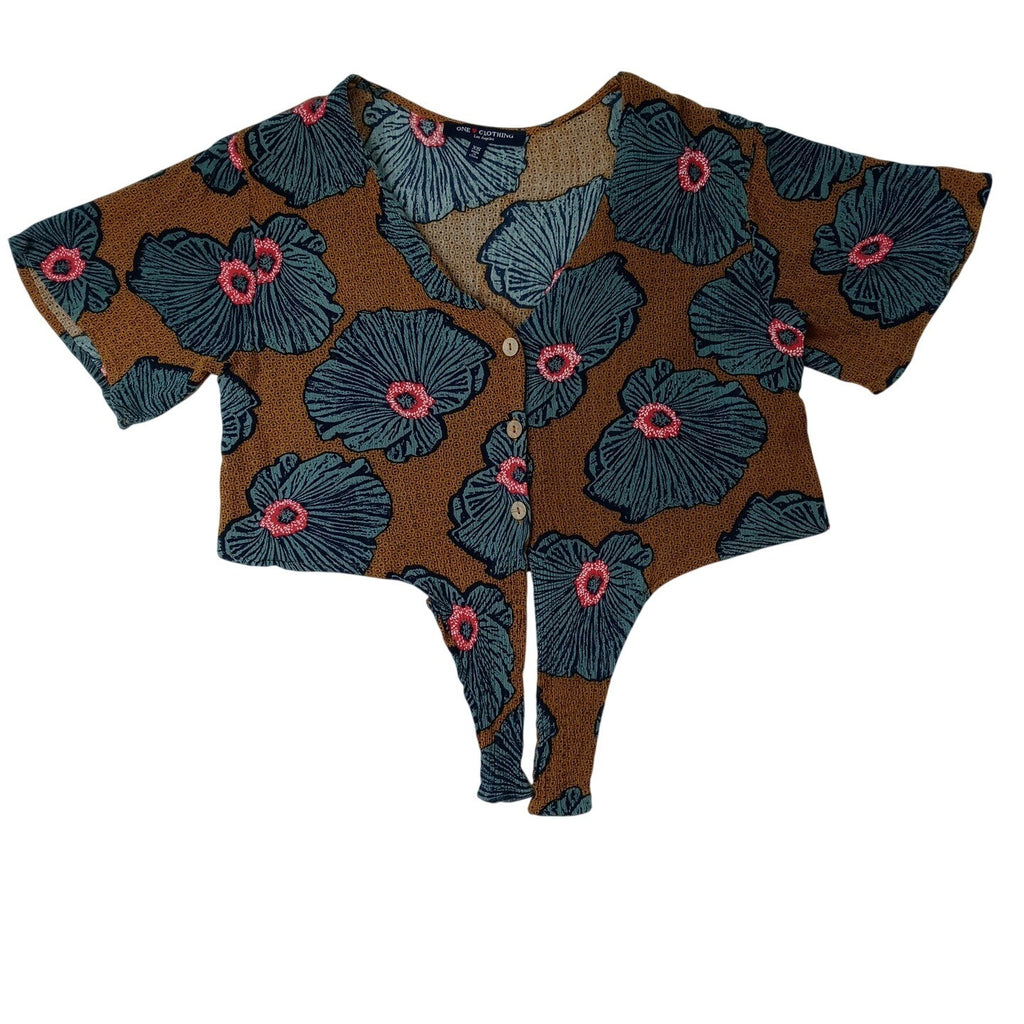 ONE CLOTHING Women's XS Brown Floral Print Tie Front Flutter Sleeve Crop Top