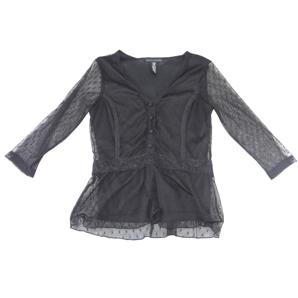 Apostrophe Black Mesh Swiss Dot Lace Trim V-Neck Peplum Blouse Size S