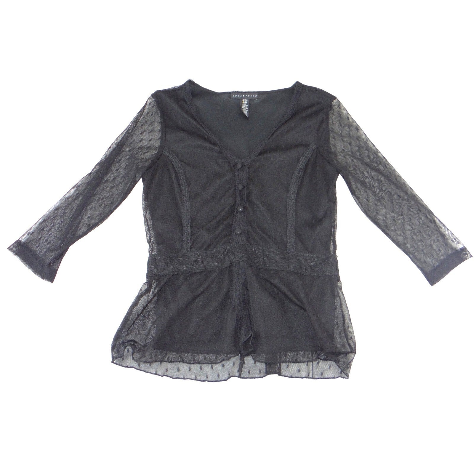 Apostrophe Black Mesh Swiss Dot Lace Trim V-Neck Peplum Blouse Size S