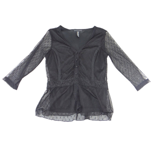 Apostrophe Black Mesh Swiss Dot Lace Trim V-Neck Peplum Blouse Size S