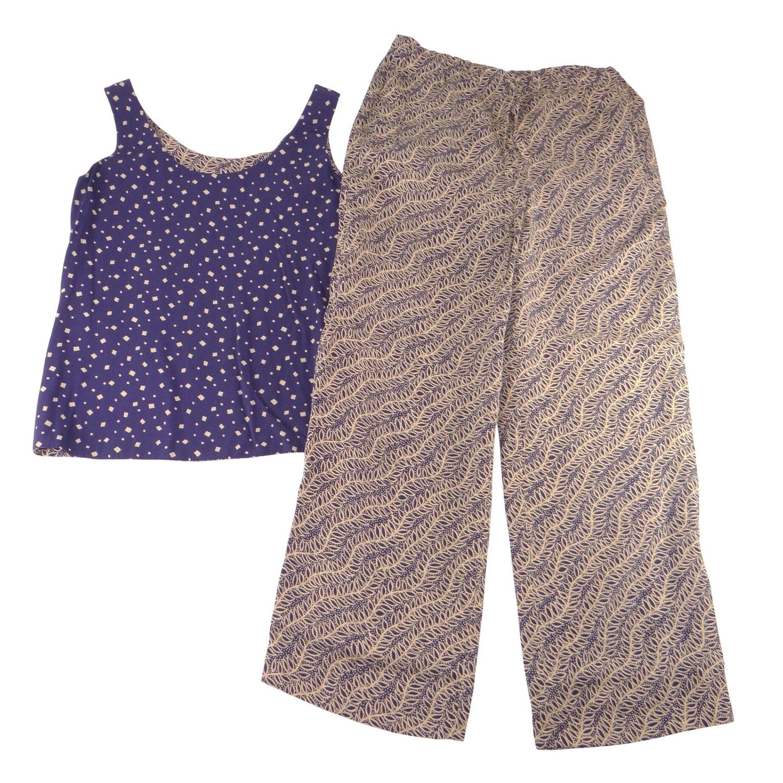 Dana Buchman 100% Silk 2 Piece Set Navy Purple Gold Tank Top Wide Leg Pants 4