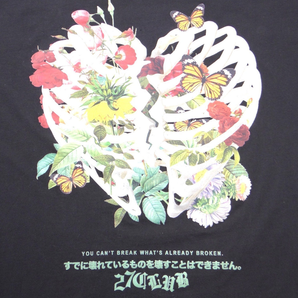 27Club Mens 2XL Black Graphic T-Shirt Broken Heart Rib Cage Floral Butterfly