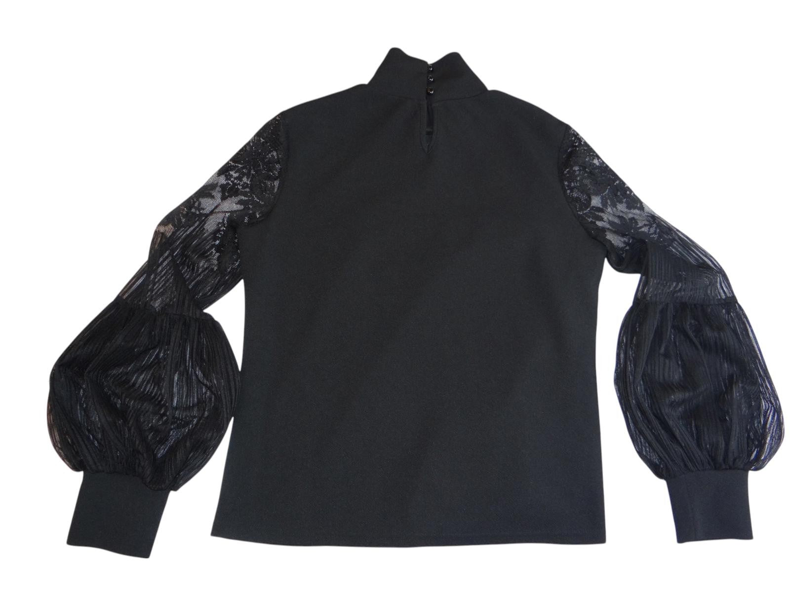 Chic Black Mock Neck Top with Lace Puff Sleeves