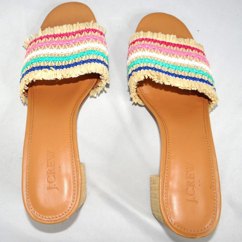 J.Crew Womens Multi Color Raffia Striped Fringed Block Heel Sandals 9