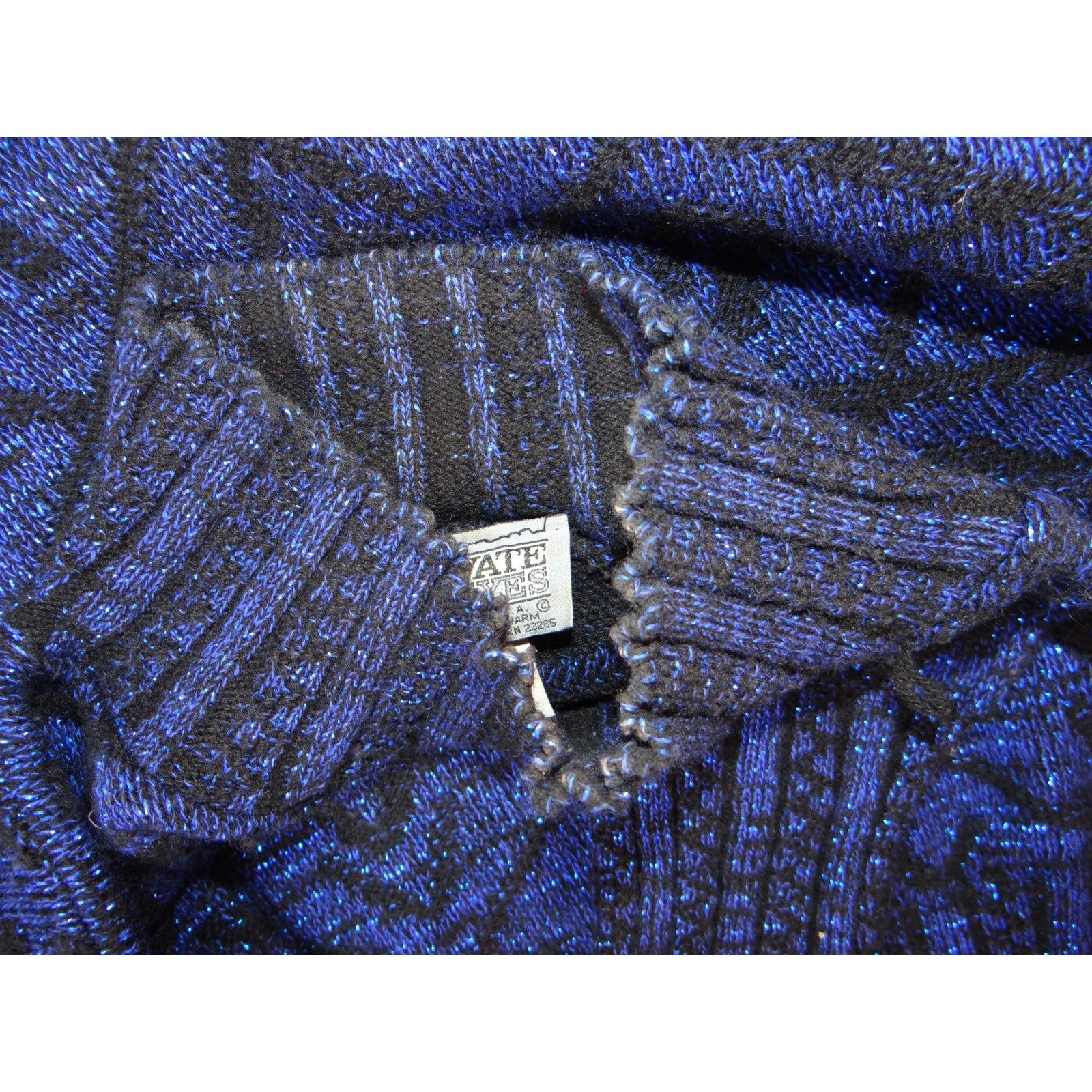 Vintage PRIVATE EYES Sparkle Blue Black Geometric Mock Neck Knit Sweater Women's