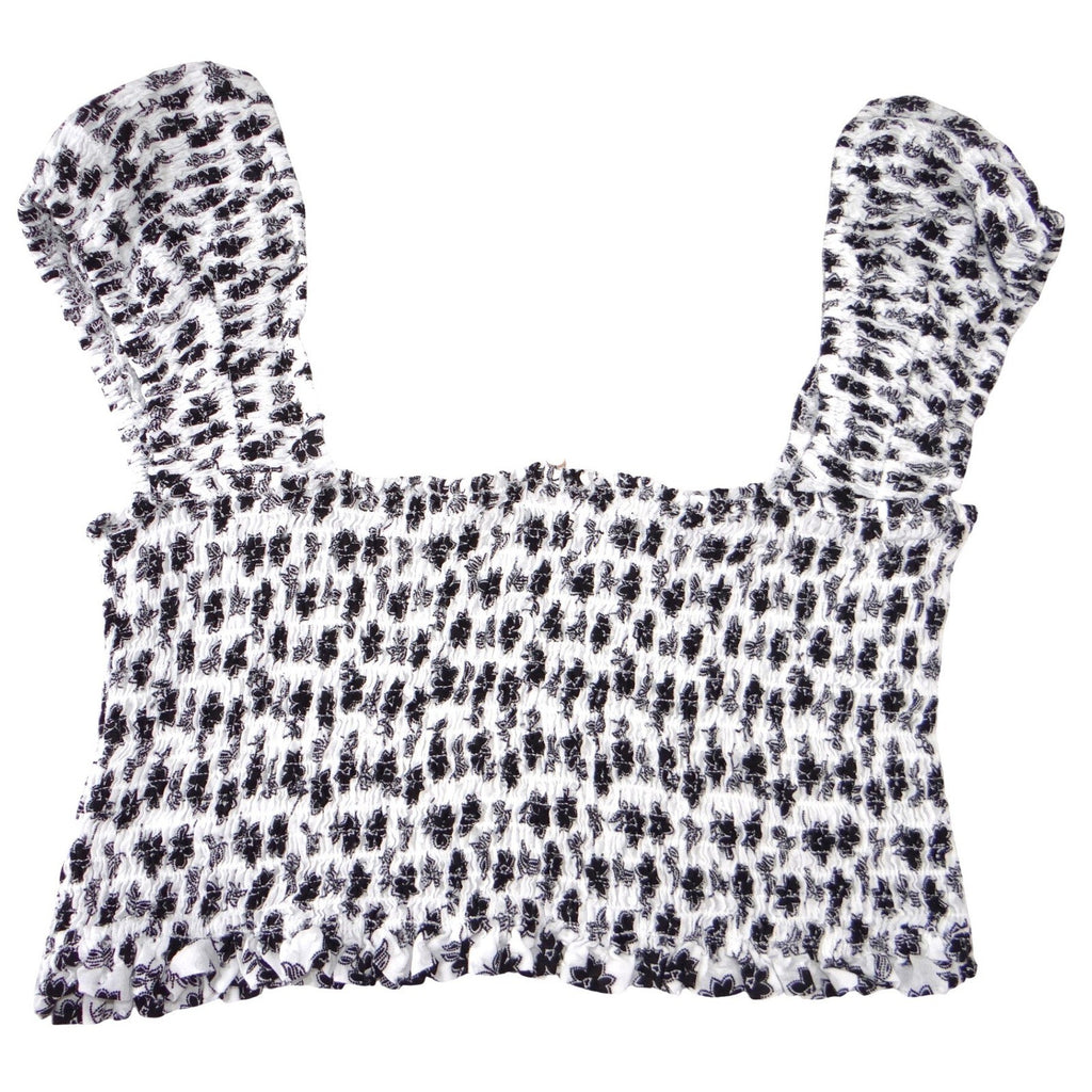 Olivace Black White Floral Smocked Crop Top Square Neck Wide Strap Size L
